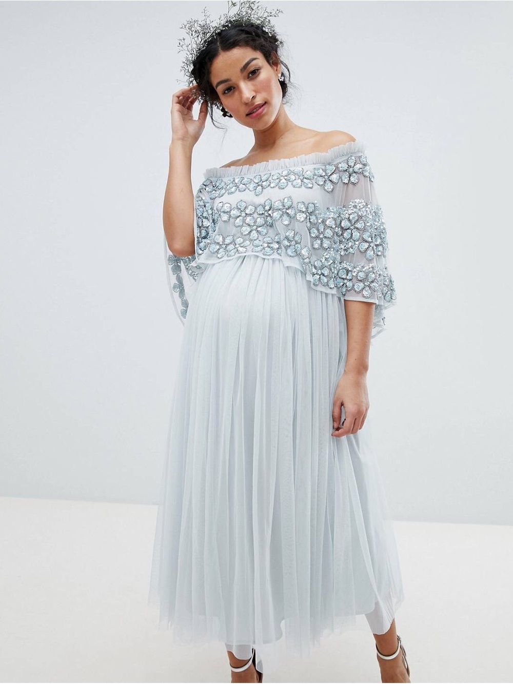 Maya Maternity Silver Sequins Embellished Tulle Formal Dress